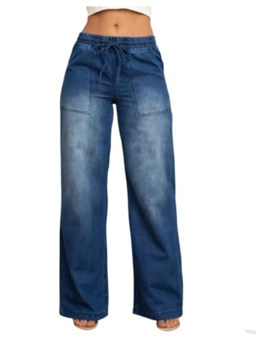Drawstring Waist Baggy Jeans Low Rise Wide Leg Denim Pants